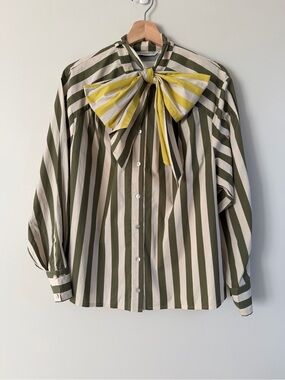 Summum Striped Tie-Neck Blouse in Olive and Cream with Yellow Accent